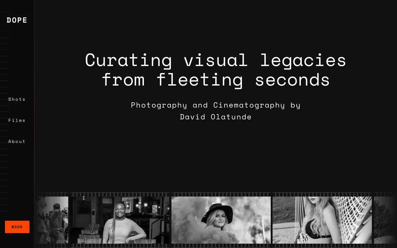 Dope Enterprises homepage — 'Curating visual legacies from fleeting seconds' over a black-and-white filmstrip