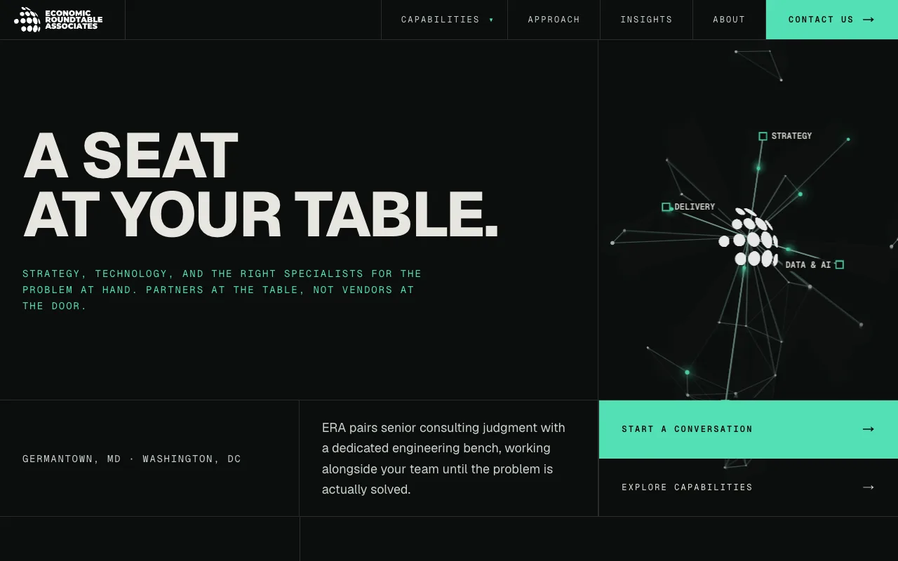 Economic Roundtable Associates homepage — 'A seat at your table' with a network diagram